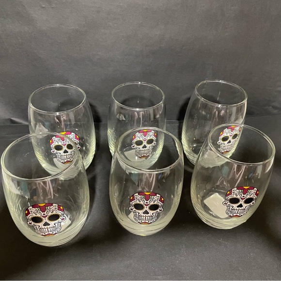 Cristar Day Of The Dead White Skull, Mikonos Stemless Glasses (Lot Of 6) NEW - Picture 4 of 8